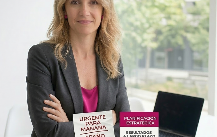 Anna mirando al frente de la con pose ejecutiva, al fondo un portatil y una ventana