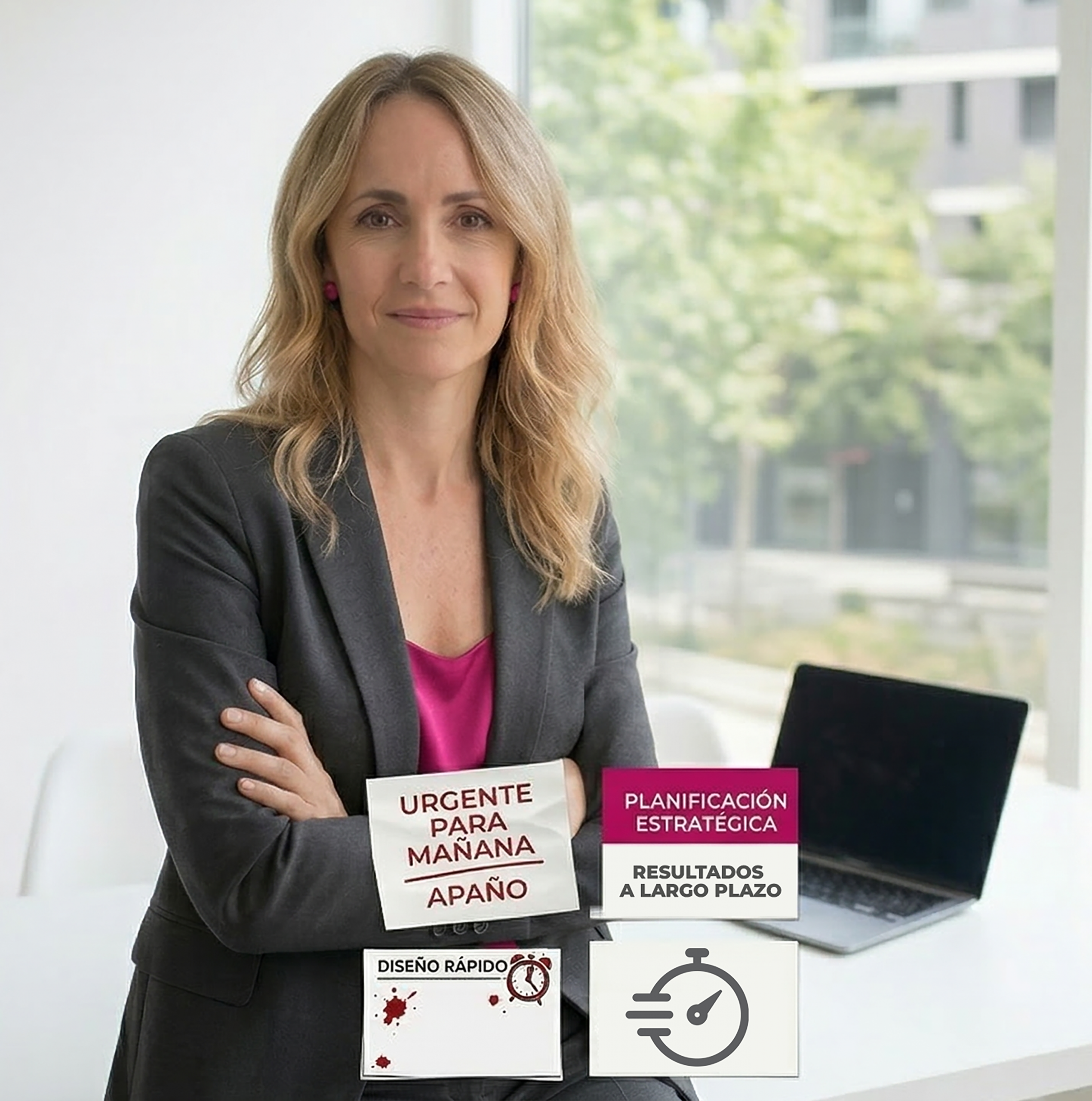 Anna mirando al frente de la con pose ejecutiva, al fondo un portatil y una ventana