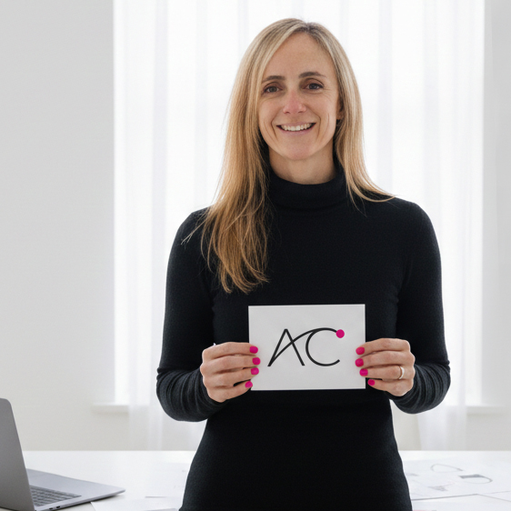 anna mostrando su nuevo logo corporativo AC